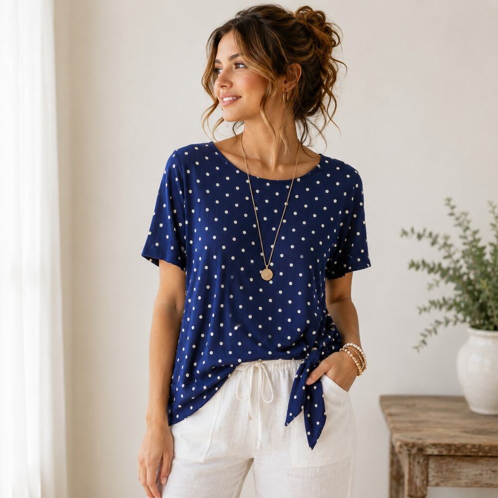 Talbots Top Women's Size LP Navy Polka-dot Rayon Coastal Nautical Casual Preppy